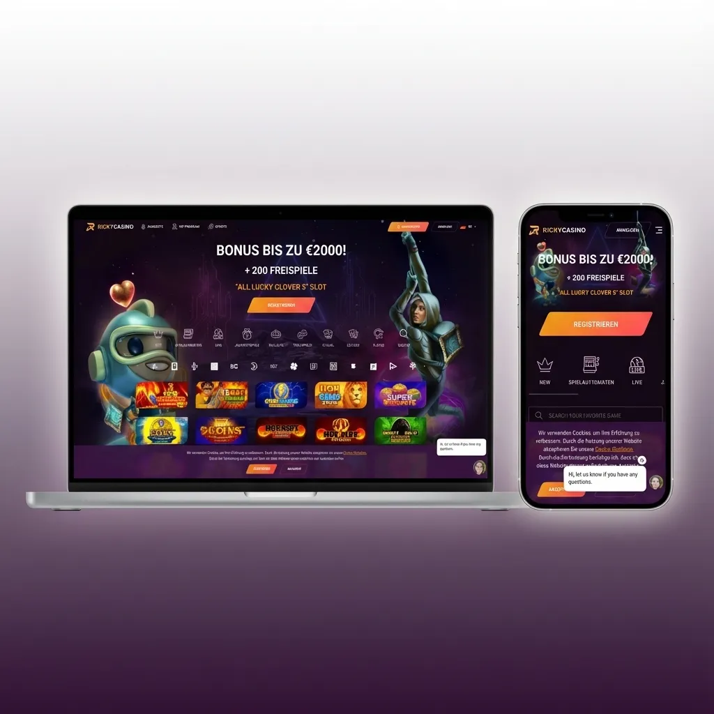 Ricky casino homepage with clean layout, top nav tabs for Sports, Casino, Esports, and quick filters for games and bets
