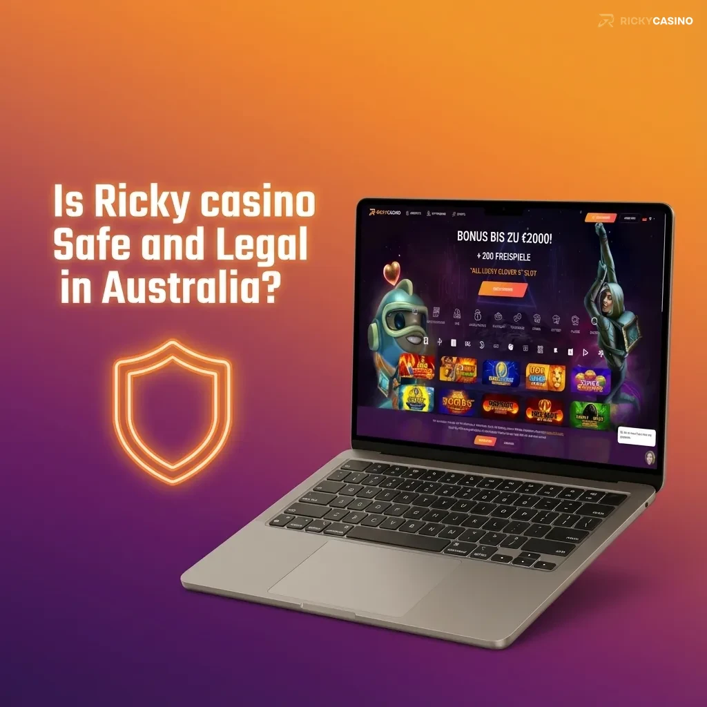 Graphic asking if Ricky Casino is safe and legal in Australia, highlighting Curacao licence and responsible gaming tools