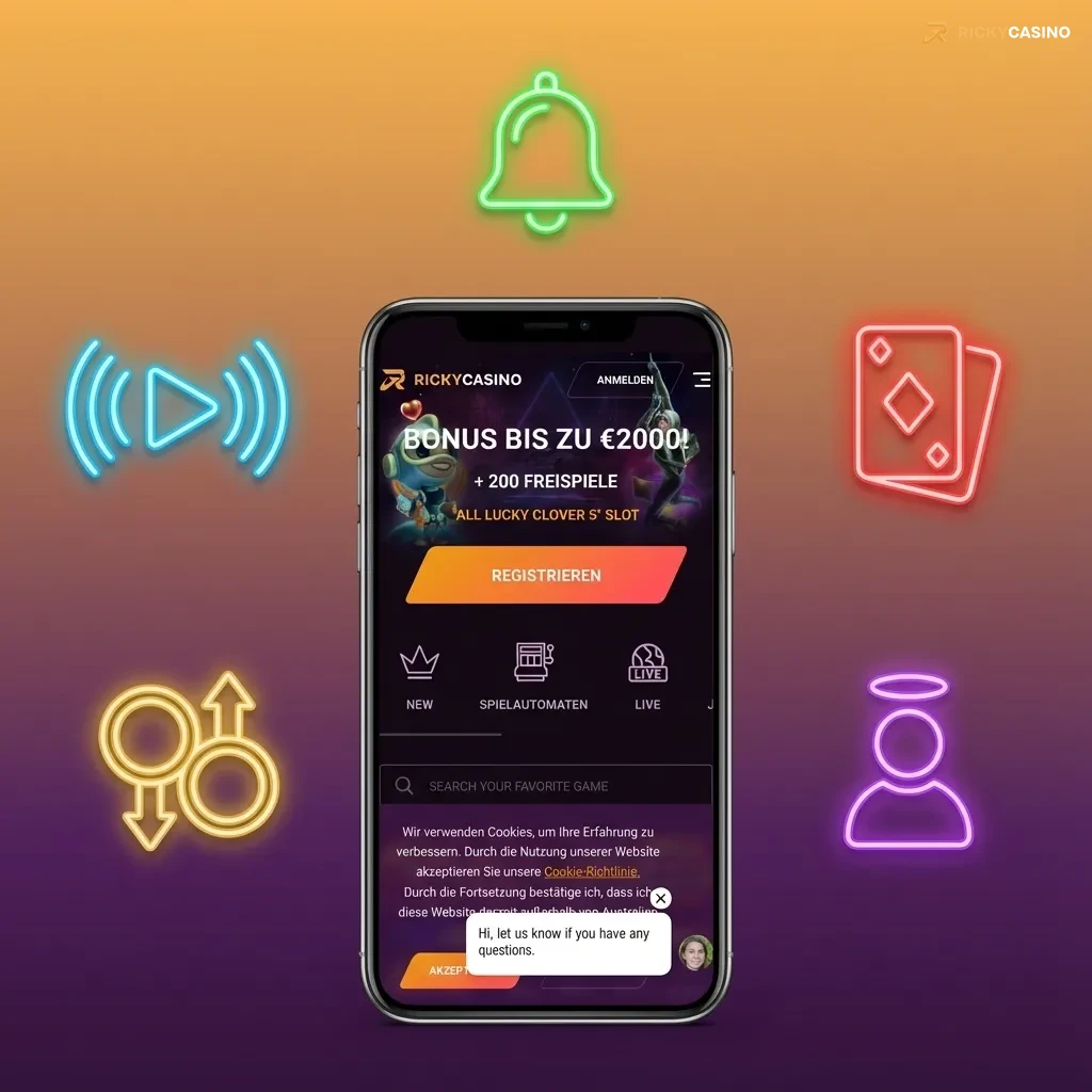 Illustrated Ricky casino mobile app screen highlighting pokies, sportsbook, AU$7,500 bonus, free spins, and 24/7 support icons