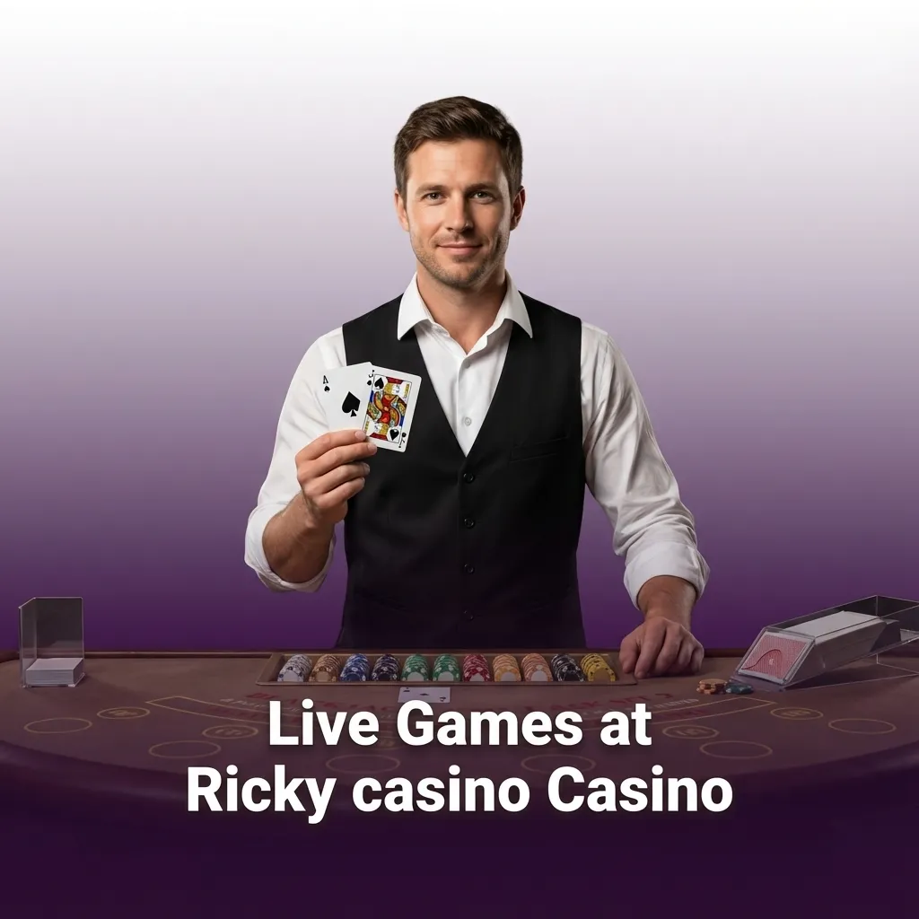 Collage of Ricky casino live games: roulette wheel, blackjack, baccarat, poker tables, and colorful TV-style game shows.