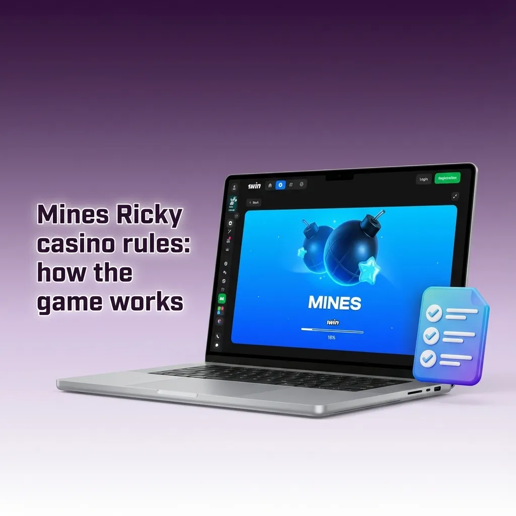 Illustrated Mines Ricky casino grid showing hidden tiles, safe picks, mines, and rising multipliers with risk-reward explanation