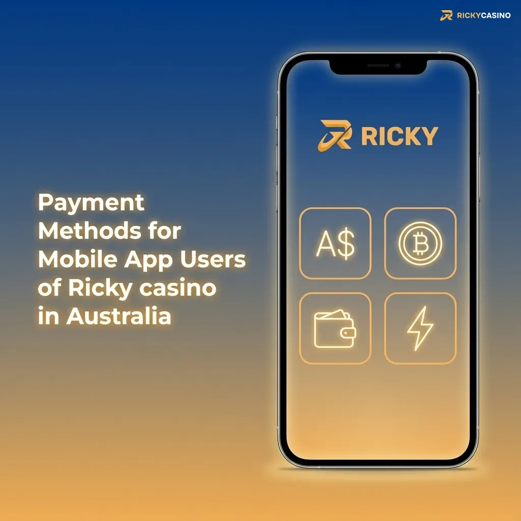 Mobile app screen showing Ricky casino Australia payment methods like Visa, bank transfer, Bitcoin, Skrill, Neteller, and more