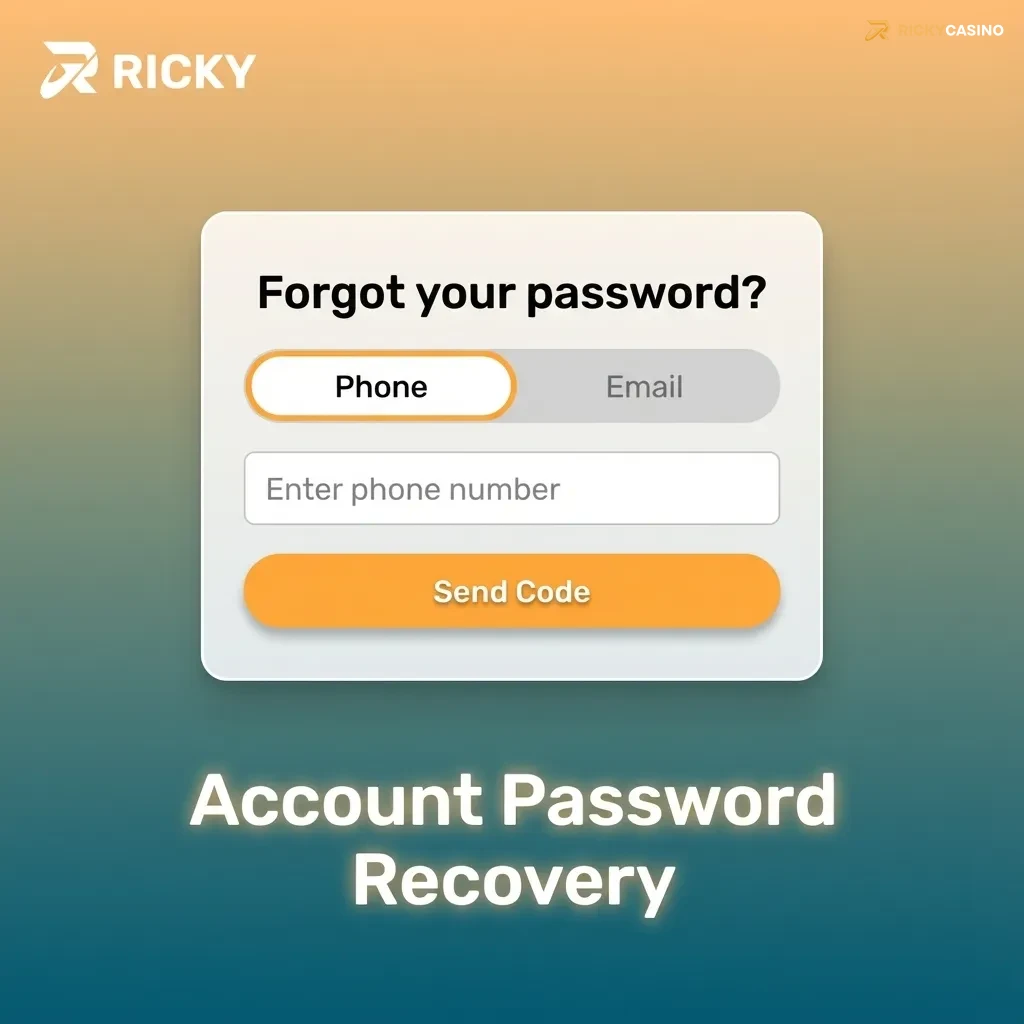 Illustration of a user resetting a Ricky casino account password via email or SMS on a login recovery screen