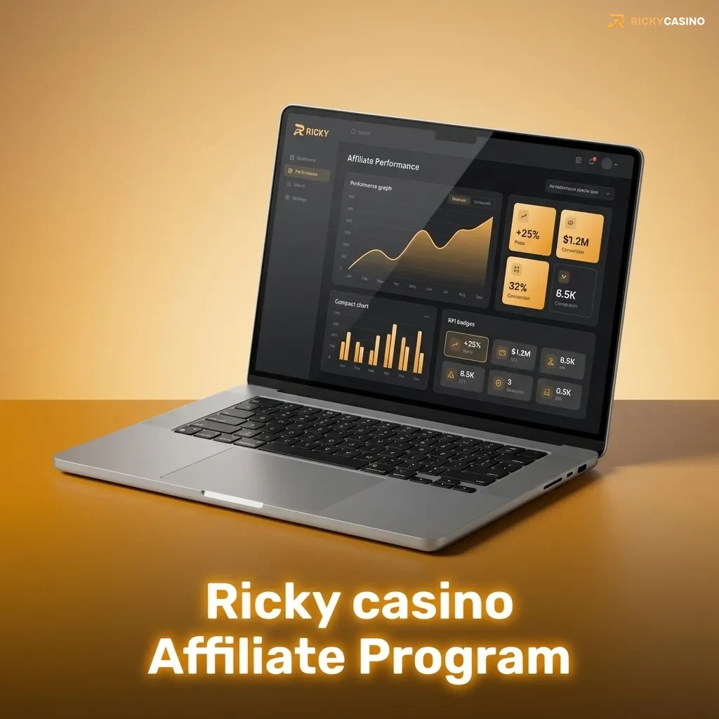 Ricky Casino Affiliate Program banner showing commission earnings, tracking links, and marketing tools for Australia-focused partners
