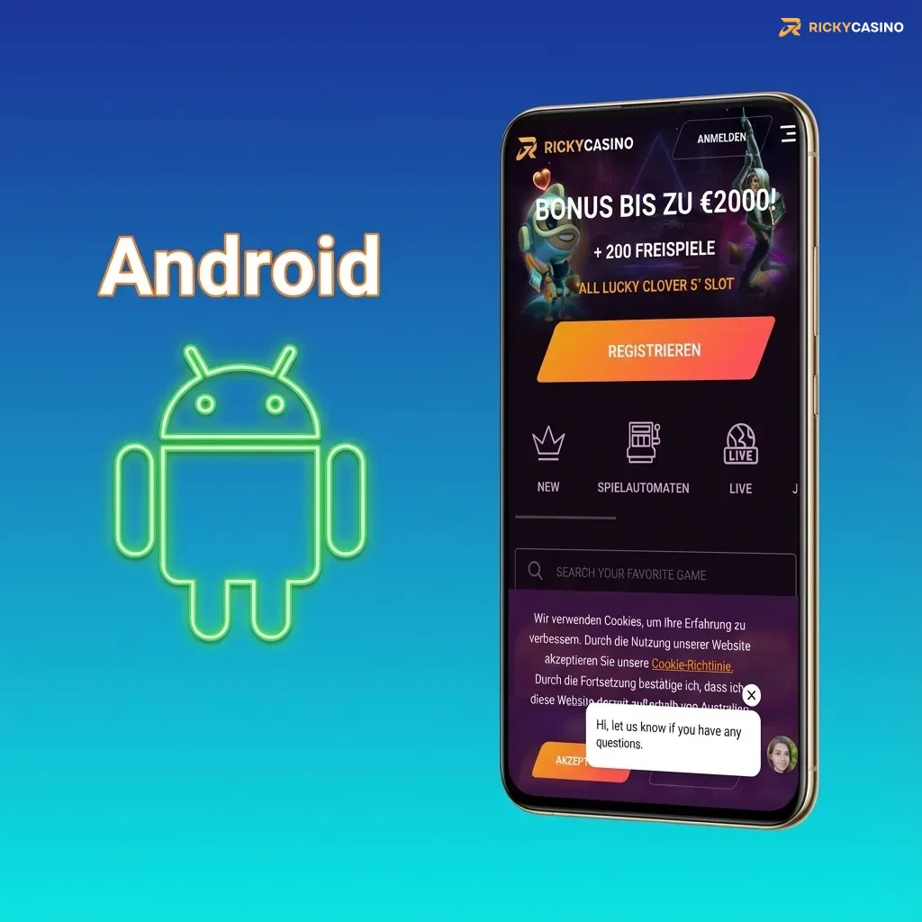 Smartphone showing Ricky casino Android app download and installation steps with betting and pokies interface on screen