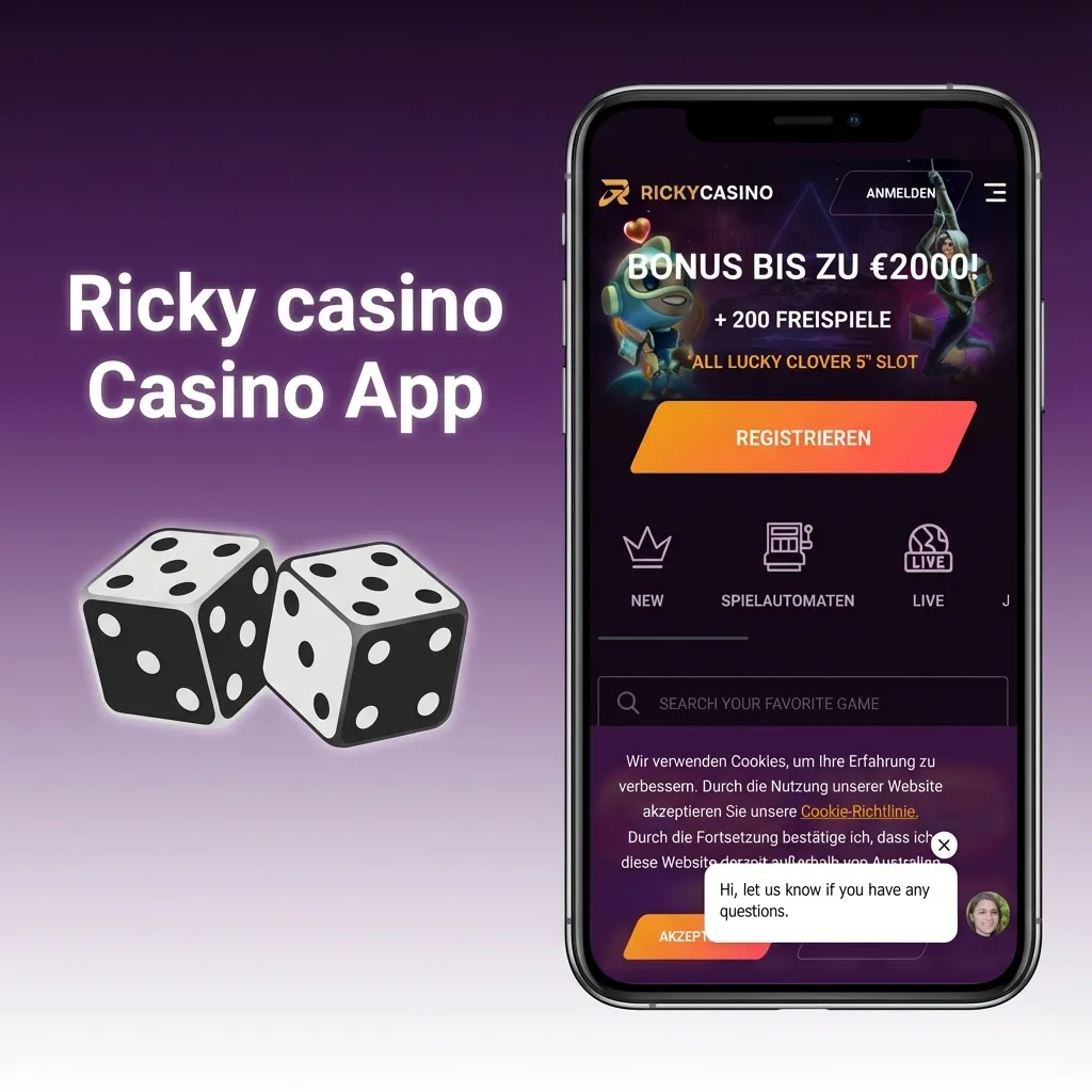 Ricky casino app home screen showing slots, table games, live dealer lobbies, and promotions in a clean mobile layout