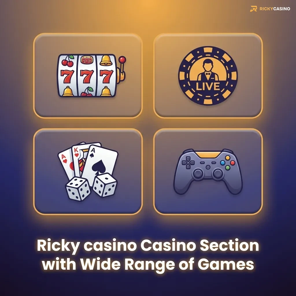 Ricky casino lobby screen showing categorized slots, table games, jackpots, instant games, cards and virtual sports