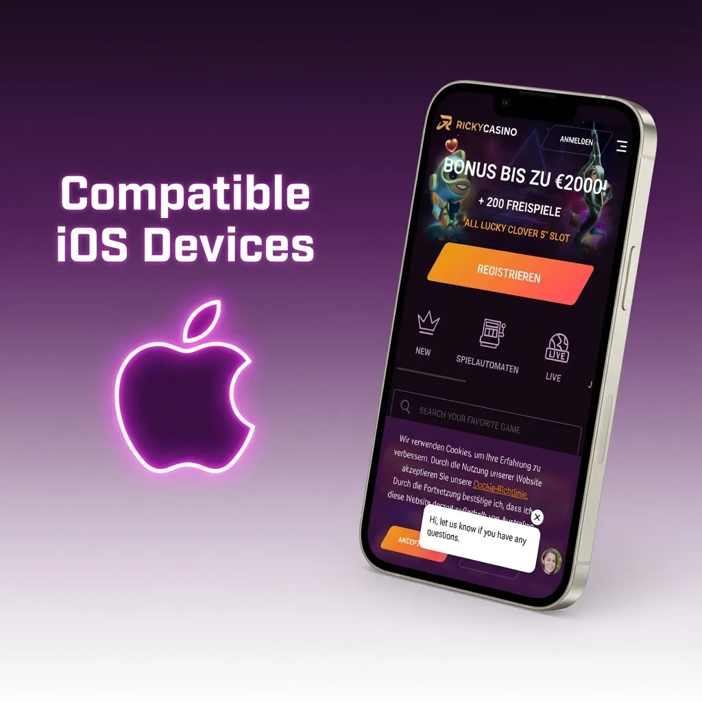 Chart of compatible iOS devices for Ricky casino app, listing iPhone X to 15 models and recent iPads.