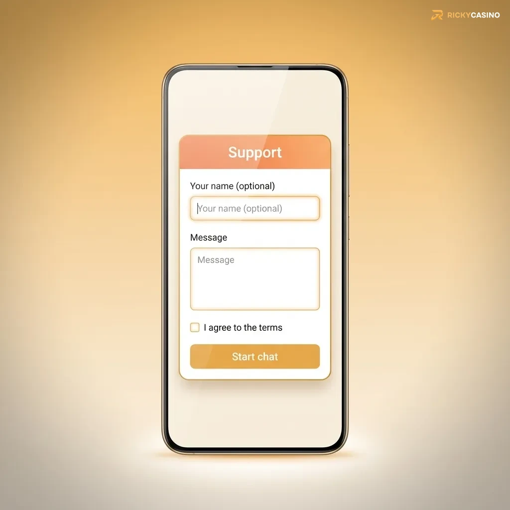 Illustration of Ricky casino mobile customer support: live chat, email, and FAQ icons showing 24/7 help on a smartphone