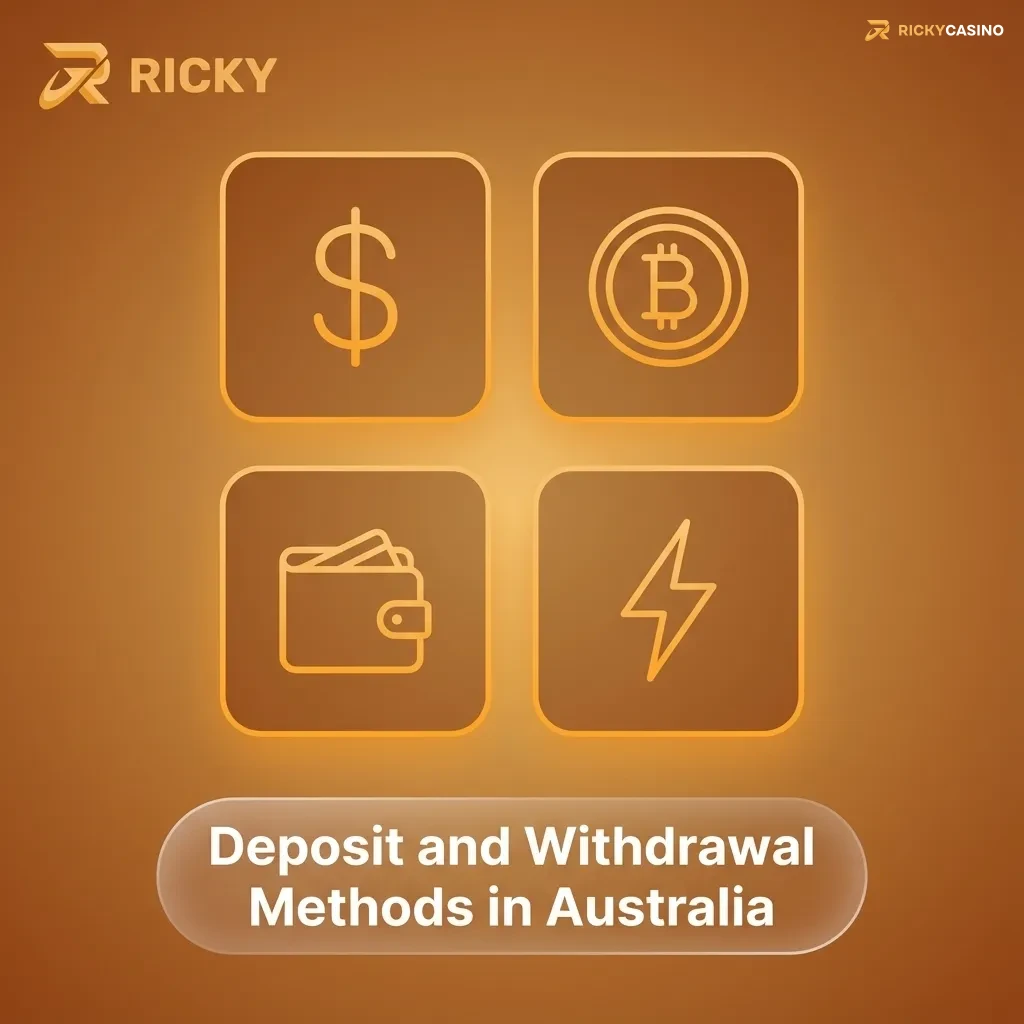 Infographic showing Ricky Casino’s Australian deposit and withdrawal methods, including cards, e-wallets, vouchers, bank and crypto