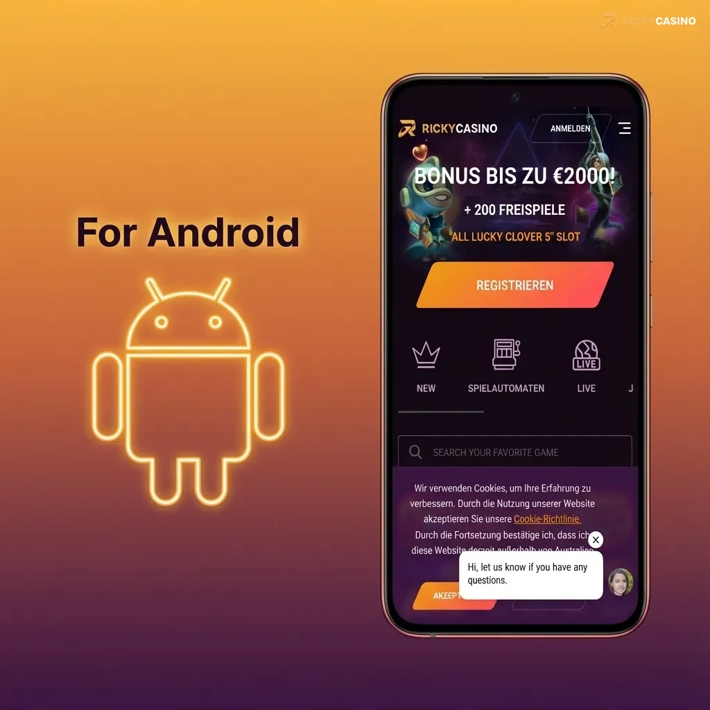 Illustration of a hand holding an Android phone showing the Ricky casino app and installation steps on screen