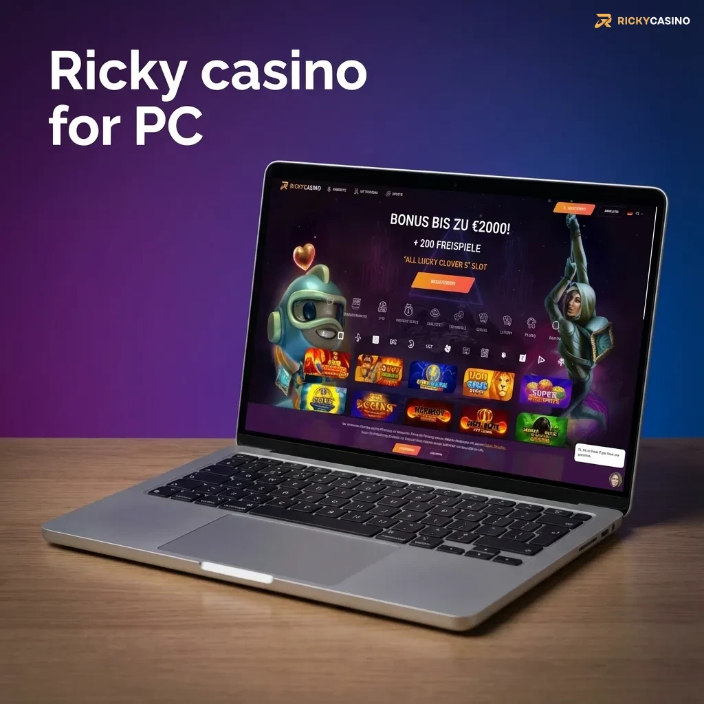 Illustration of Ricky casino website on a desktop PC screen, showing game icons and login area in a web browser