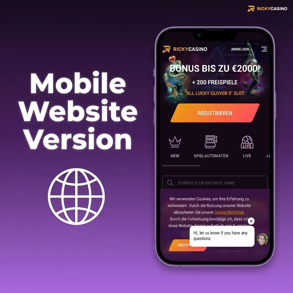 Smartphone showing Ricky casino mobile site with vertical menus, tappable odds, pokies games and secure account options