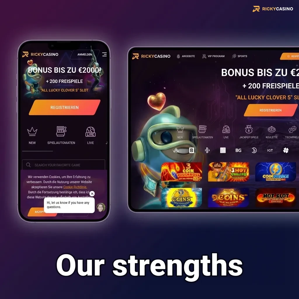 Graphic titled “Our strengths” highlighting Ricky casino’s strong odds, local payments, fast payouts, 24/7 support and live casino