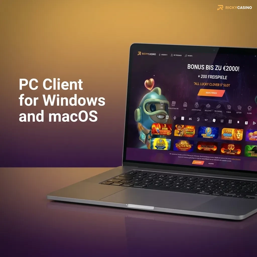 Illustration of a user accessing Ricky Casino via a web browser on Windows and macOS, with no desktop app shown
