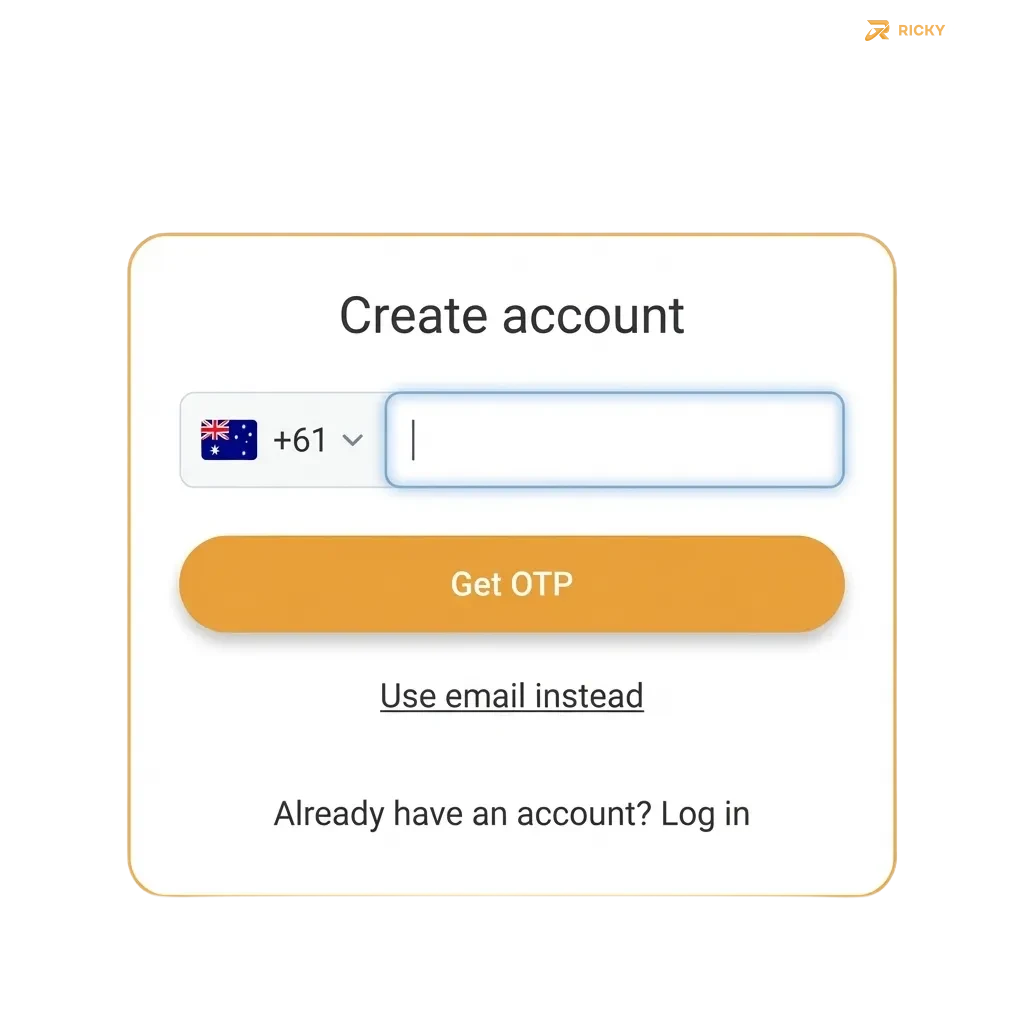 Illustration of Ricky Casino signup, login, and ID verification on desktop and mobile with bonus offer highlighted