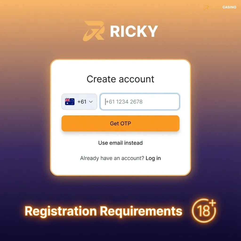 Illustration of Ricky casino registration rules: age 18+, accurate details, one account, document checks, secure password.