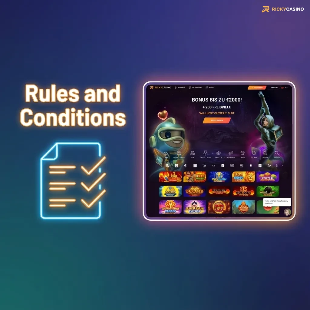 Graphic titled “Rules and Conditions” listing age limit, one account rule, bonus terms, bet settlement and ID verification.