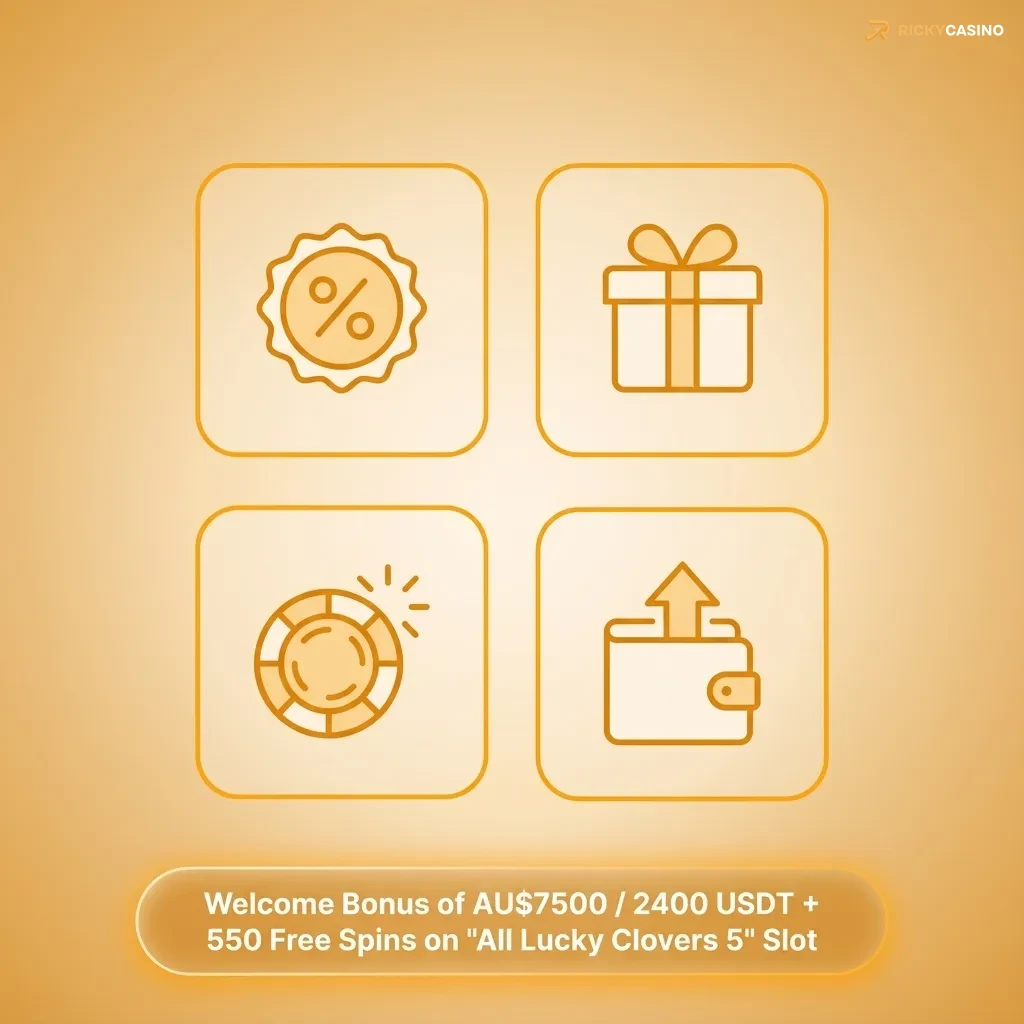 Ricky Casino promo banner: AU$7,500 / 2,400 USDT welcome bonus + 550 free spins on All Lucky Clovers 5 slot