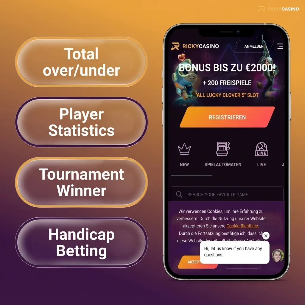 Illustrated list of bet types on Ricky casino app: single, multi, system, handicap, and over/under, on a mobile screen