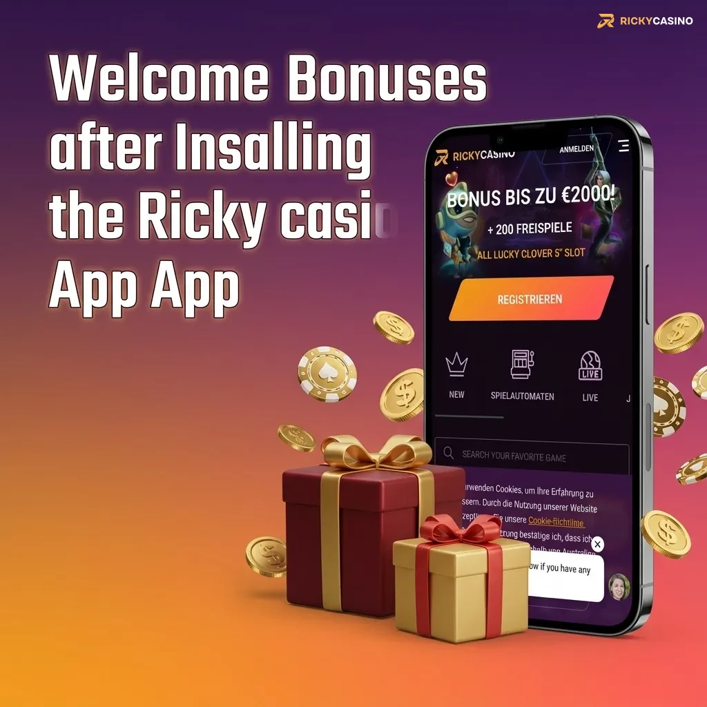Mobile screen showing Ricky casino app welcome bonuses: AU$7,500, 550 free spins, pokies and sports betting offers