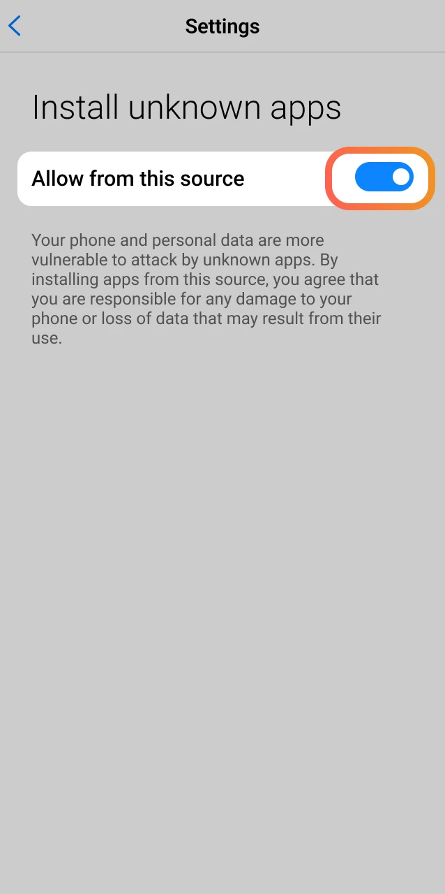Open Android settings and allow installs from this browser for the Ricky Casino app.