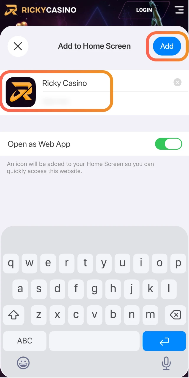 Review the shortcut name and tap Add to place the Ricky Casino icon on your home screen.