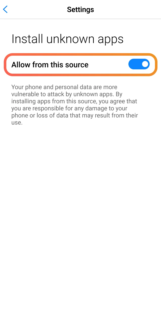Allow installs from unknown sources in your Android settings to install the Ricky Casino app.