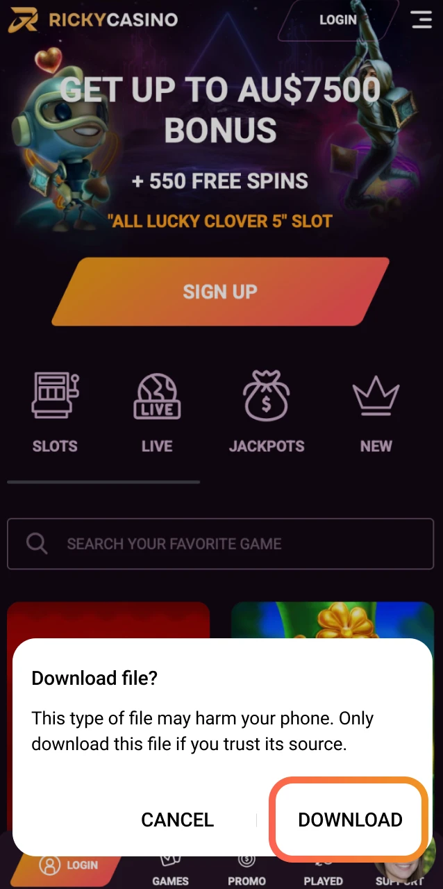 Press the Download APK button to start downloading the latest Ricky Casino Android app file.