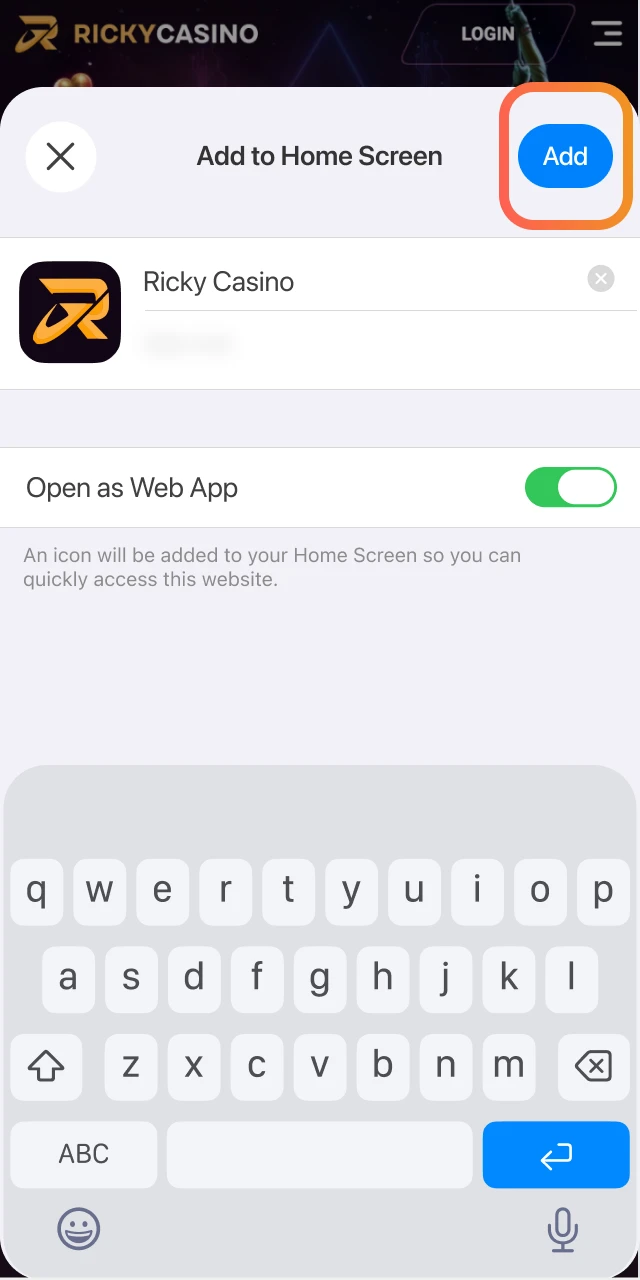 Choose Add to Home Screen, adjust the name, and confirm to create the Ricky Casino shortcut.