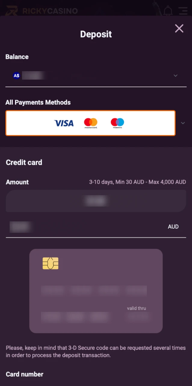 Head to the Ricky Casino cashier and deposit the minimum amount to qualify for bonuses.