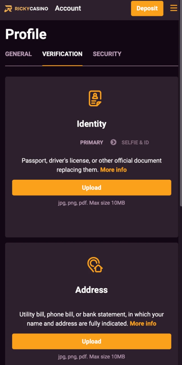Provide the requested documents to verify your identity at Ricky Casino.