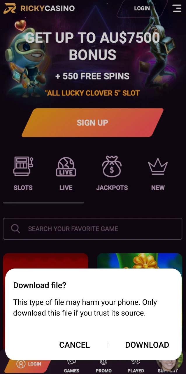 Hit the Download APK button to save the Ricky Casino installation file to your Android device.