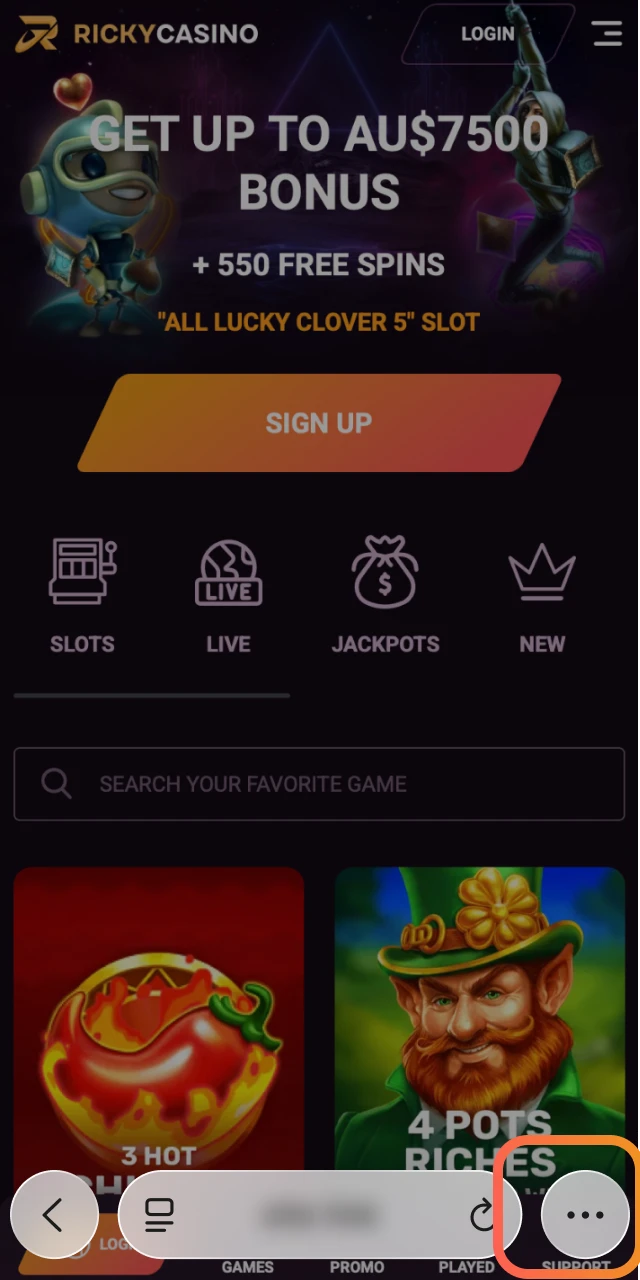 Scroll down and tap the iOS button on the Ricky Casino page for web app instructions.