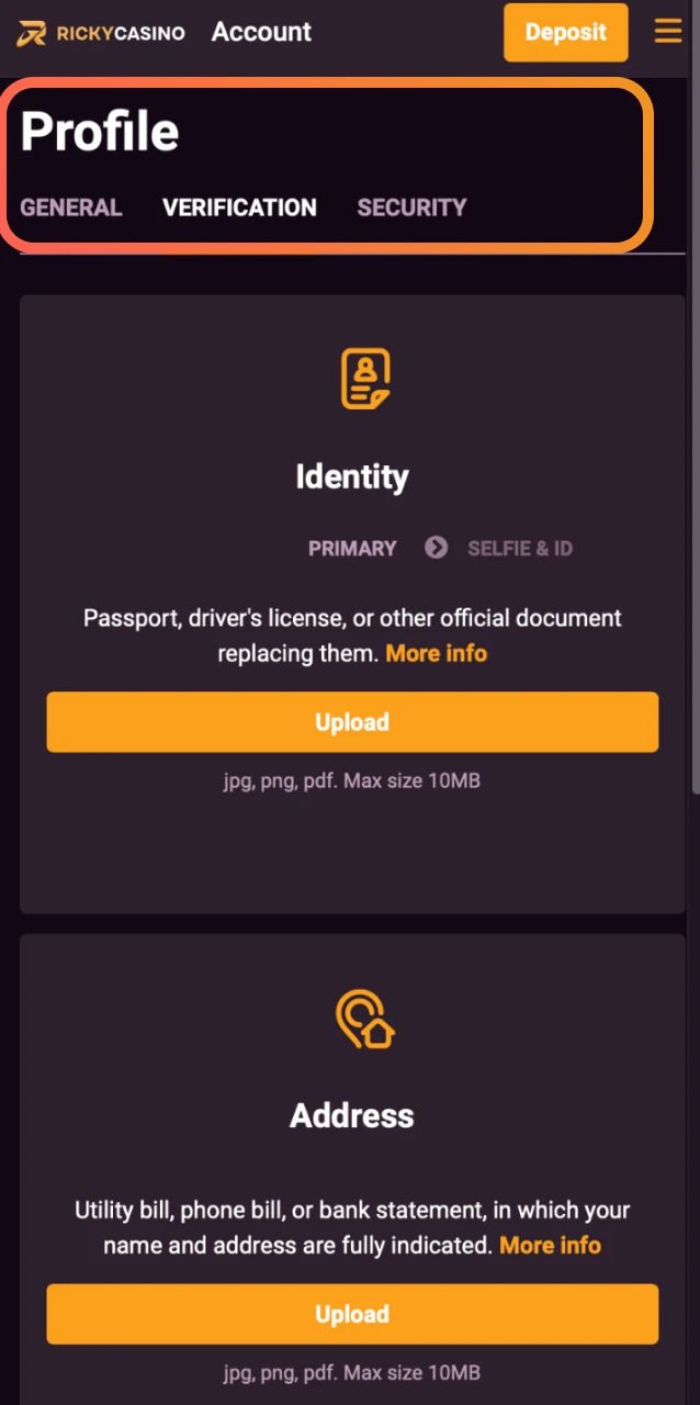 Upload your ID and address documents to verify your Ricky Casino account securely.