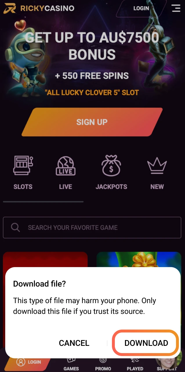 Confirm the Ricky Casino APK download from the website and wait for it to finish.