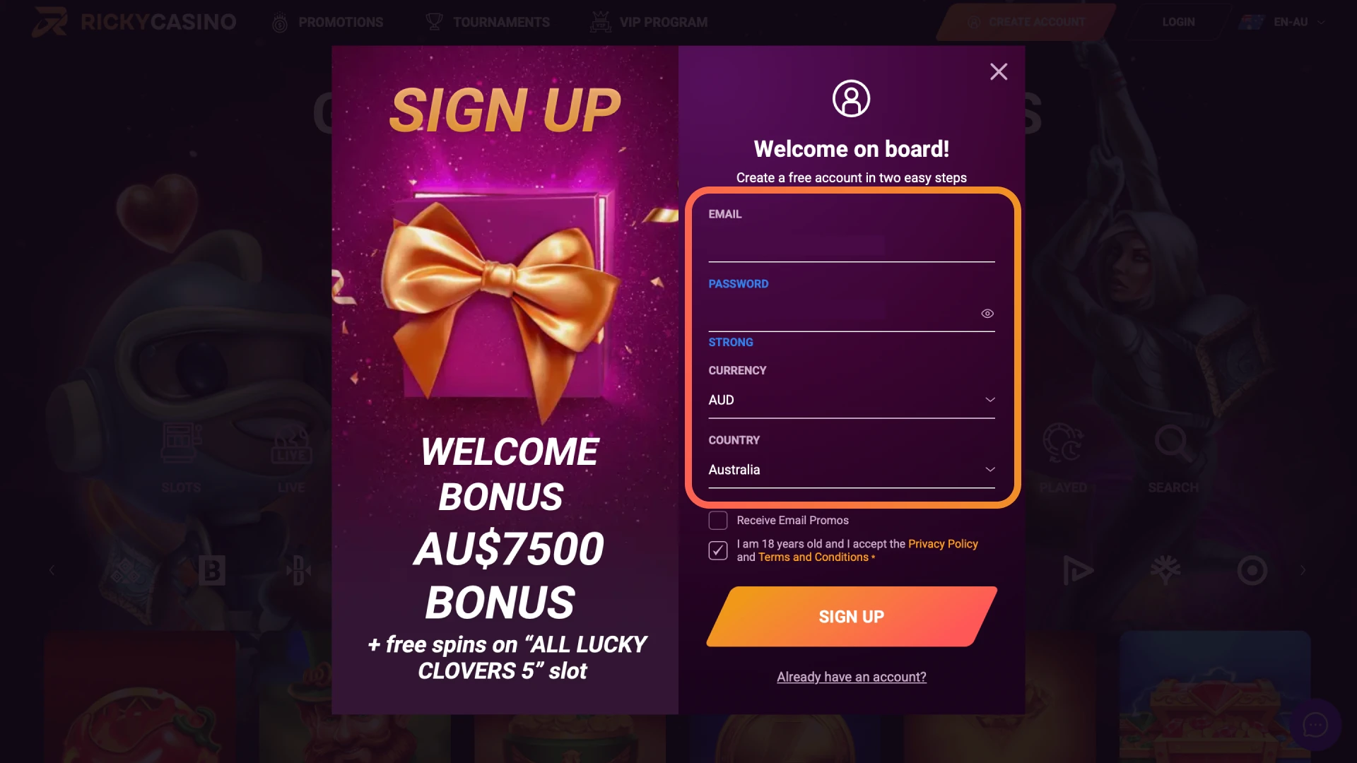 Enter email, password, AUD currency, and personal details on the Ricky Casino form.