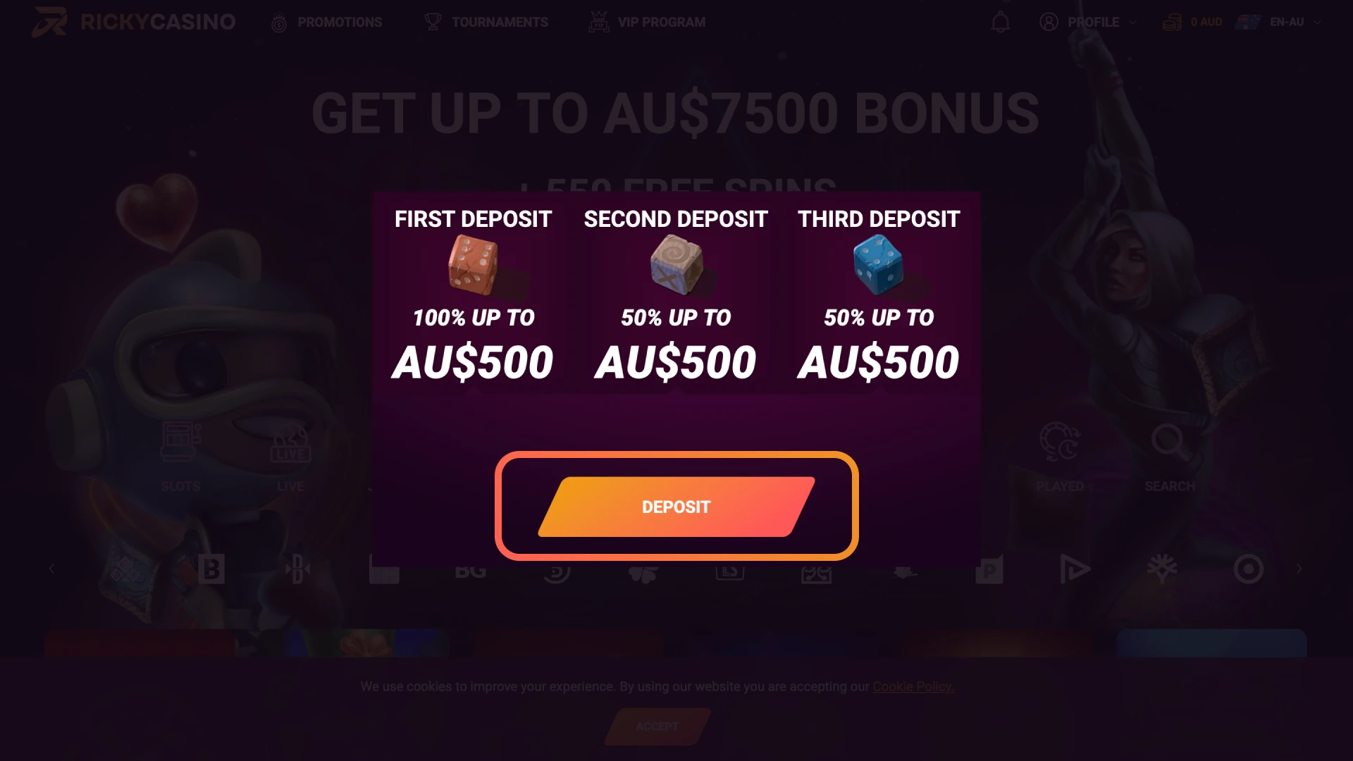 Head to the Ricky Casino Cashier, deposit, and opt into the welcome bonus.