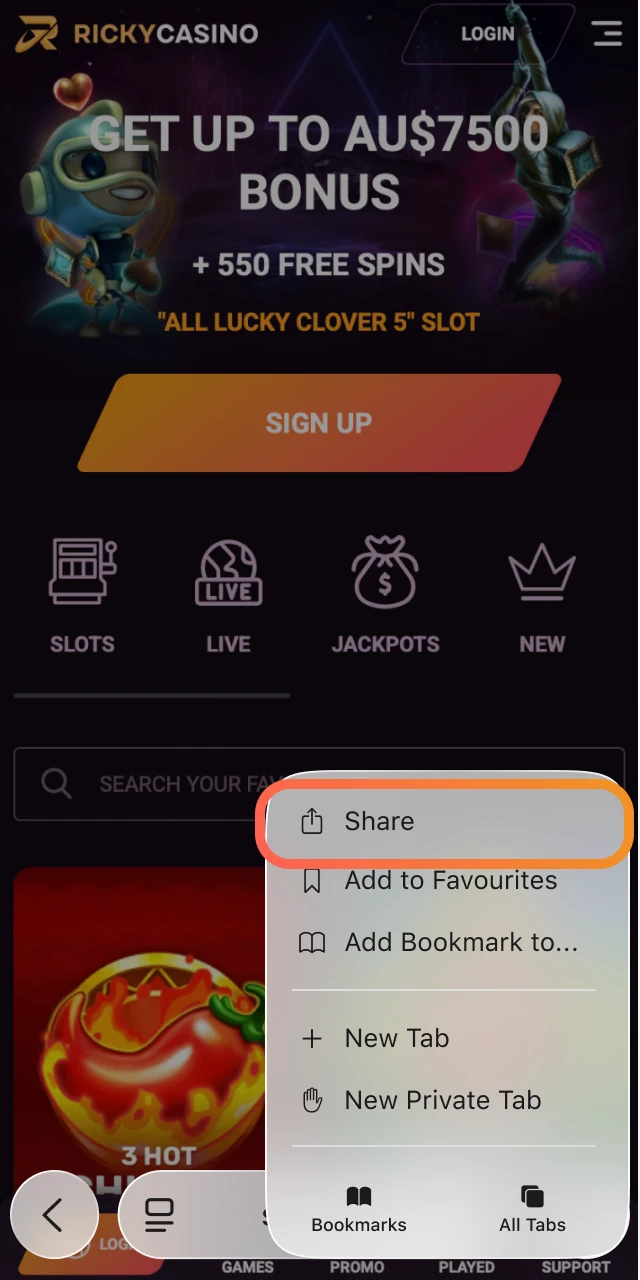 Tap the iOS button on the Ricky Casino page to get web app installation instructions.